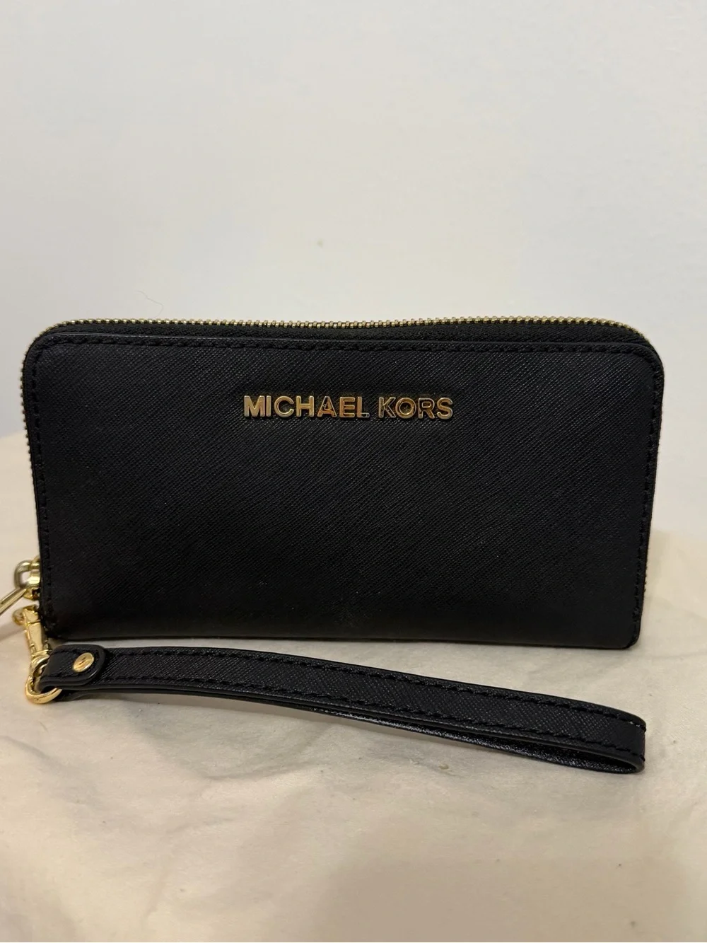 Michael Kors Black Saffiano Zip Wristlet with Gold Logo